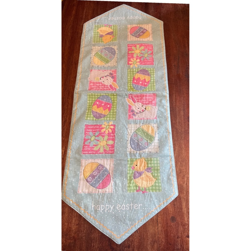Happy Easter Quilted Table Runner Blue Polka Dot Bunny Chick Eggs 13x36 LLL